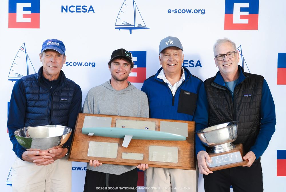 2026 E Scow National Champions Thomas Burton, Bruce Martinson, Andy Ferguson and Max Sigel