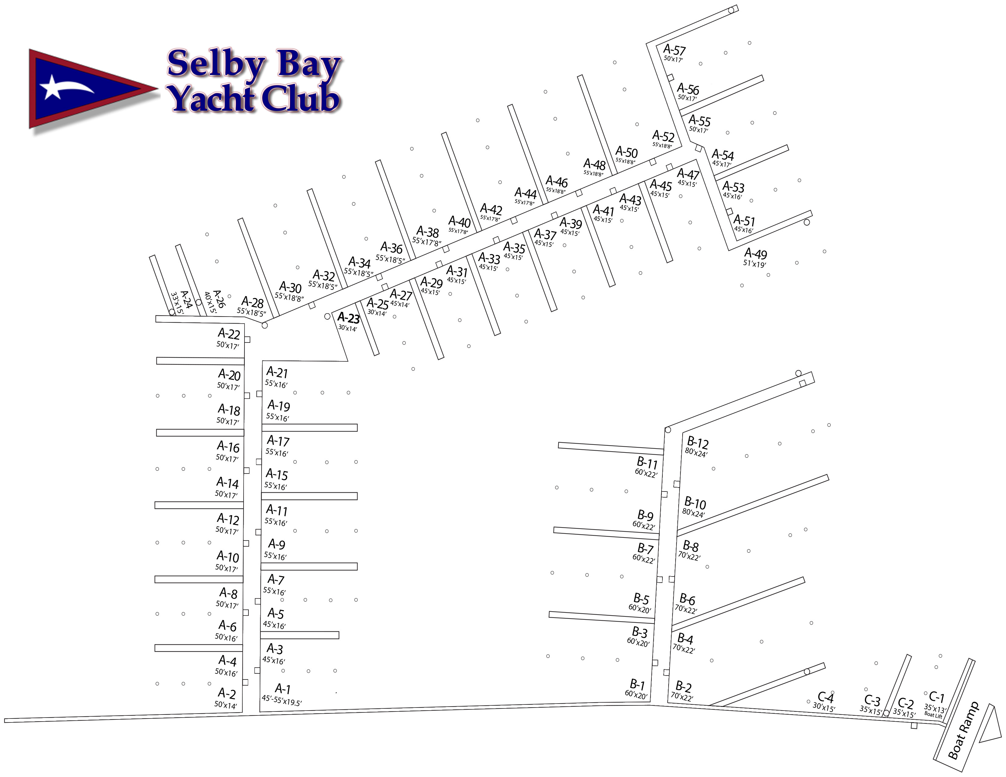 Selby Bay Yacht Club slip configuration map showing A, B and C docks