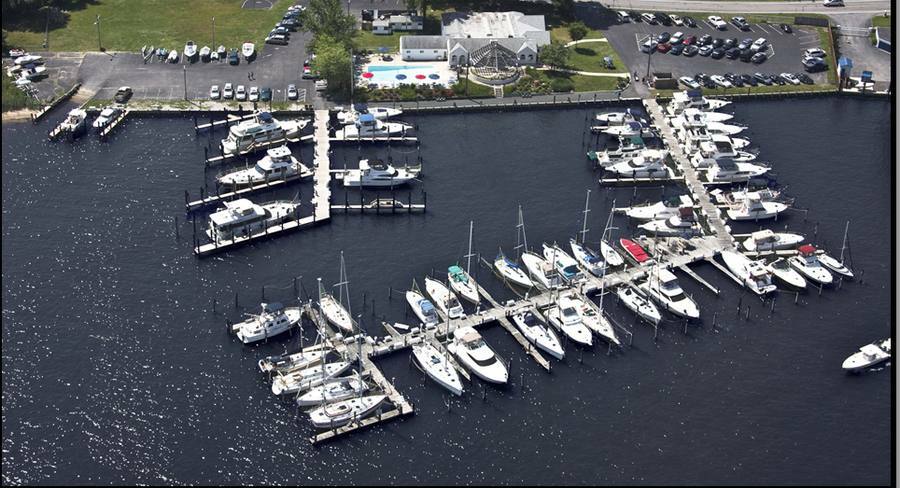 Aerial view of Selby Bay Yacht Club docks, pool and clubhouse