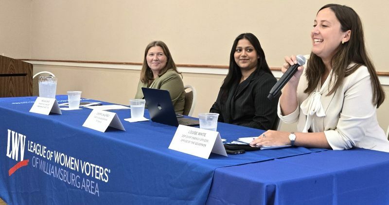 From left: Megan Davis, Cheryl Wilfred, and Louise White discuss data centers in Virginia at the LWV-WA 2026 Annual Meeting.