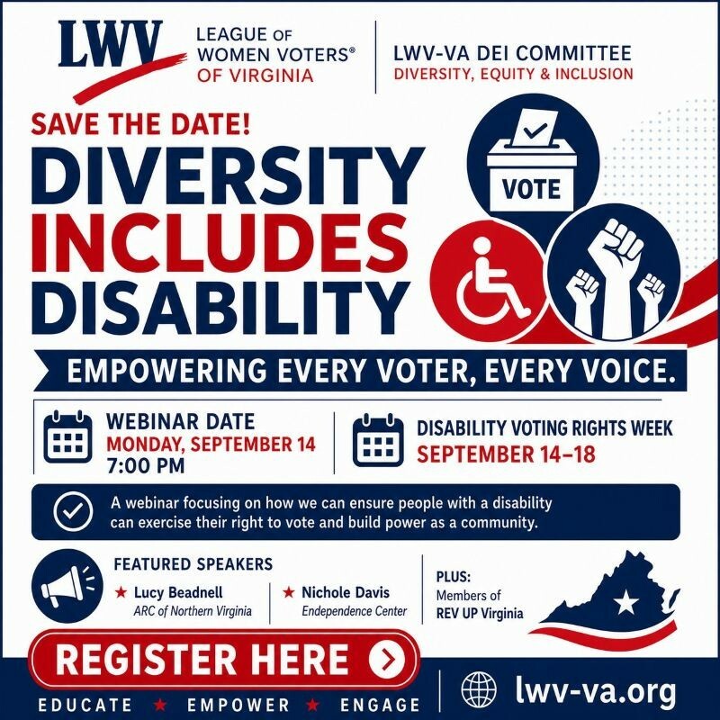 Disability Voting Rights Webinar. Monday, September 14, 2026, 7:00 PM. Register for the online webinar.