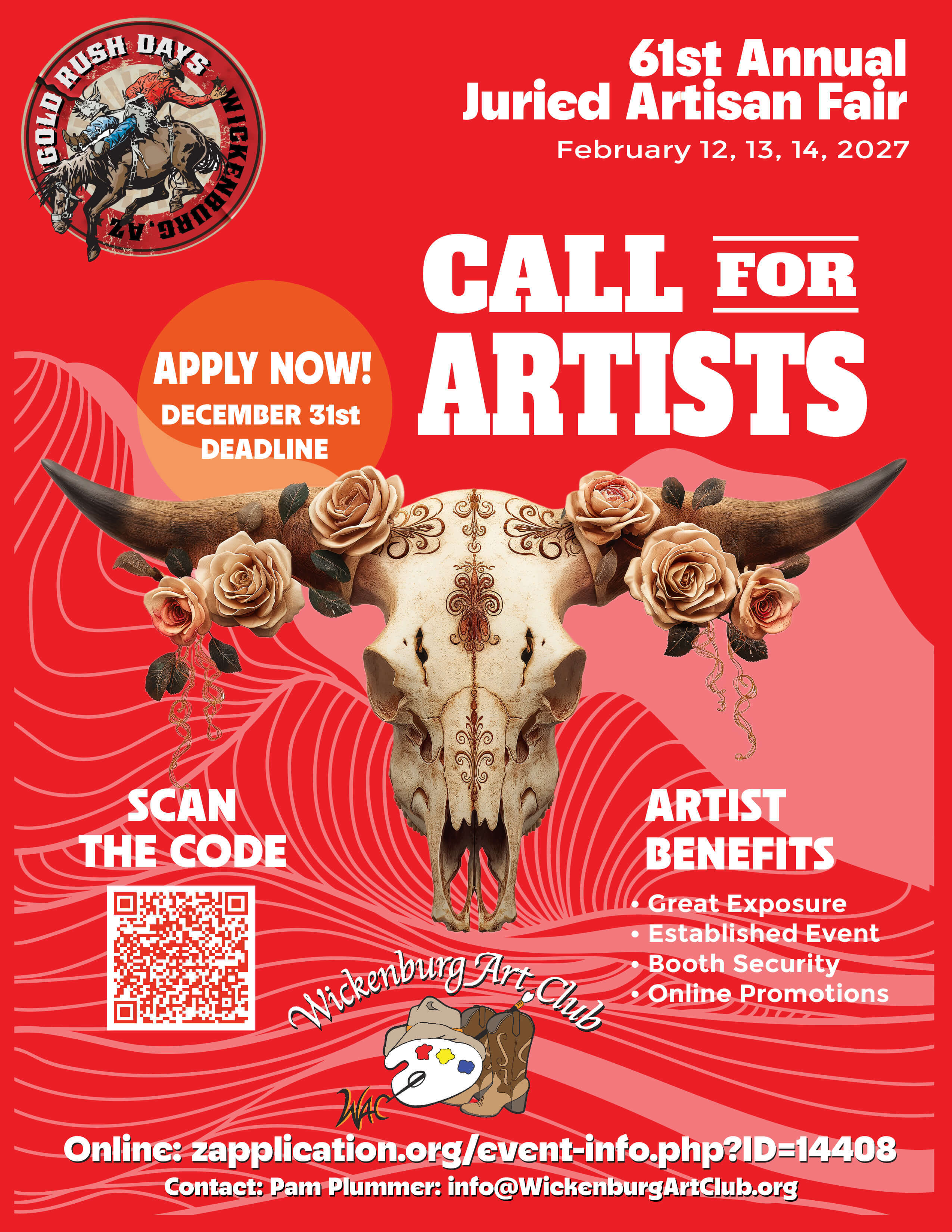 Call for Artists flyer: 61st Annual Juried Artisan Fair, February 12, 13 & 14, 2027. Apply on ZAPP by December 31, 2026.