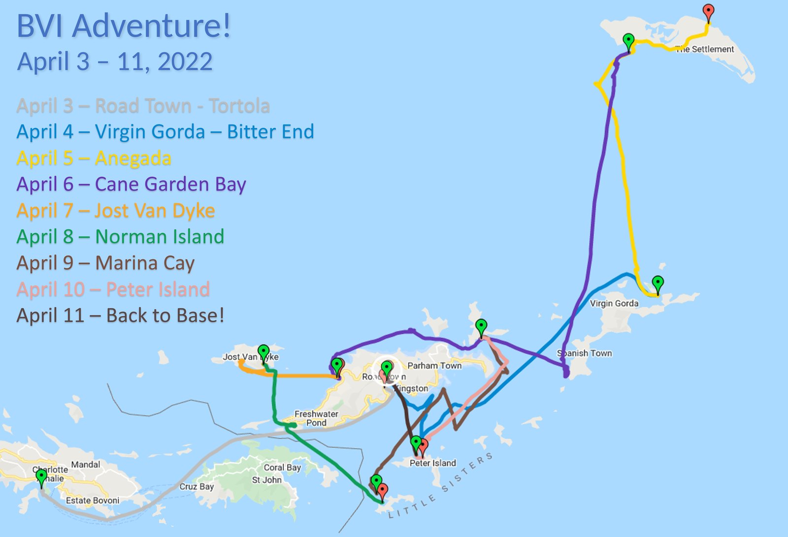 Route map of the BVI charter, April 2022