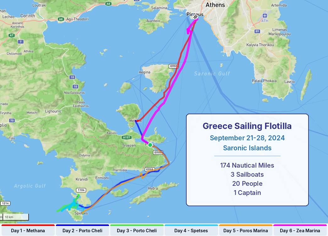 Route map of the Greece sailing flotilla, September 2024