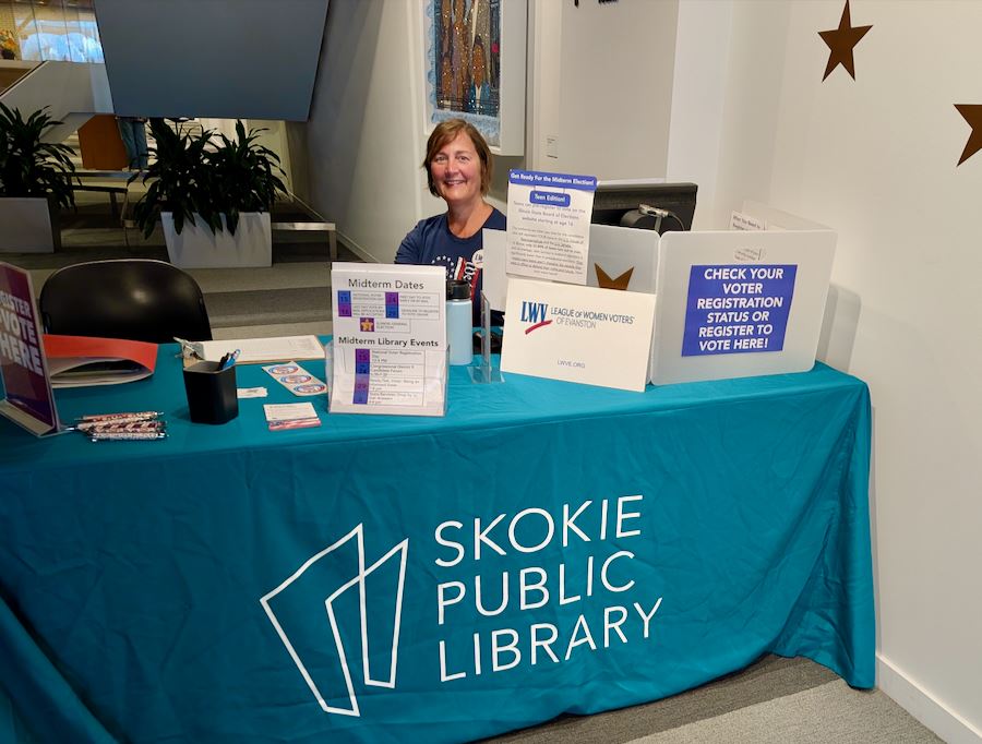 Edie Hertel at Skokie Public Library Voter Registration Table