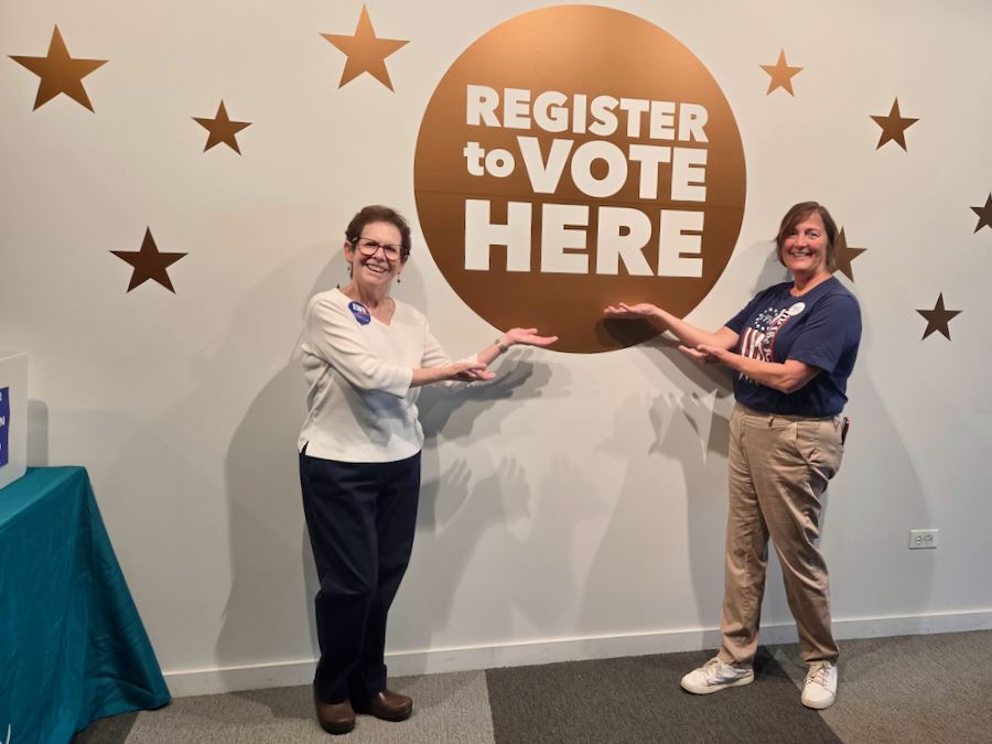 Register to vote her on wall with Judy Hoffman and Edie Hertel