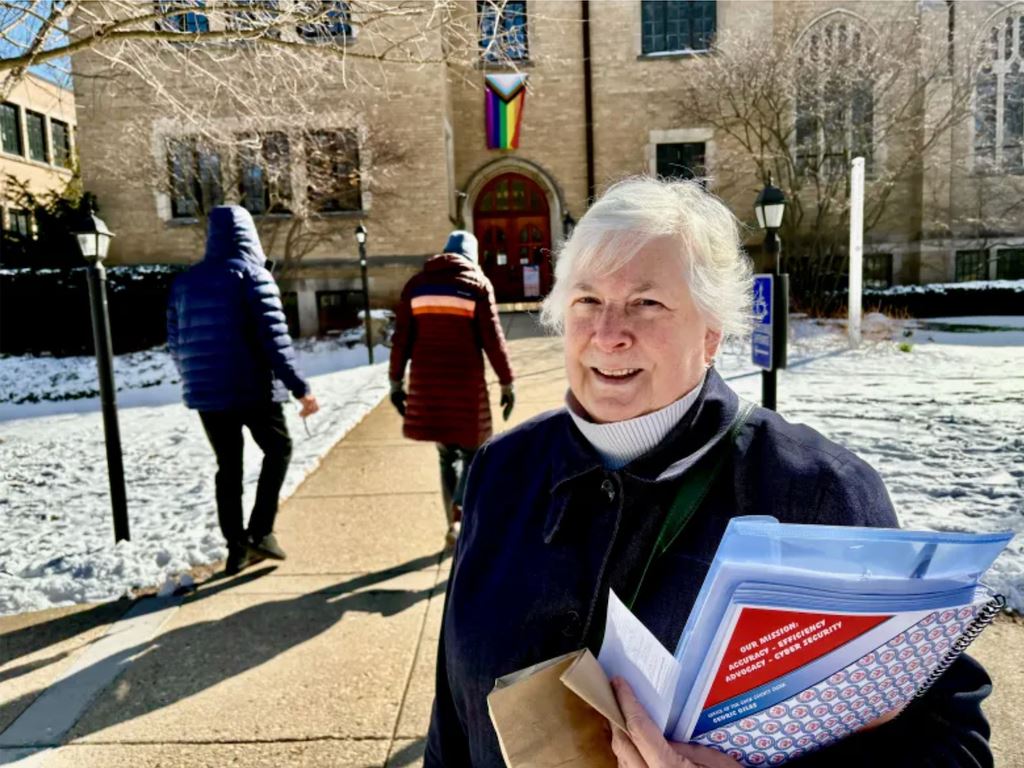 Poll watcher Mary Rothschild arrives at Northminster Presbyterian Church Tuesday morning. Credit: He