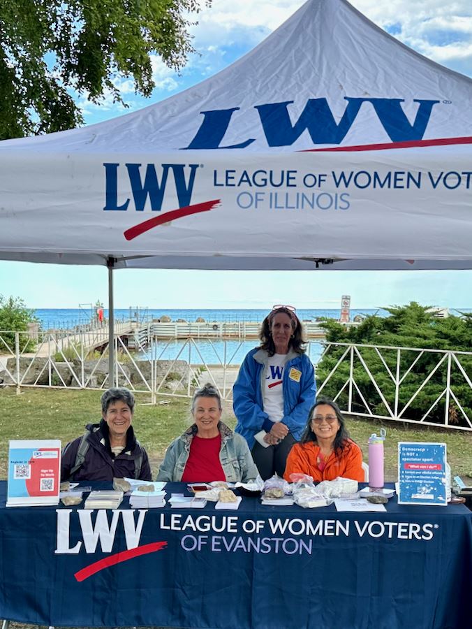 Becky Simon, LWVIL President, Joins LWVE members at the 2026 Evanston Folk Fest 