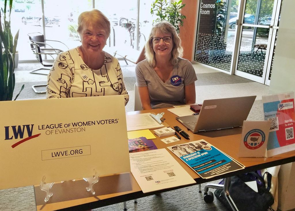 Mary Kelly and Valerie Krejcie at the Skokie Public Library on Natl Voter Registration Day.