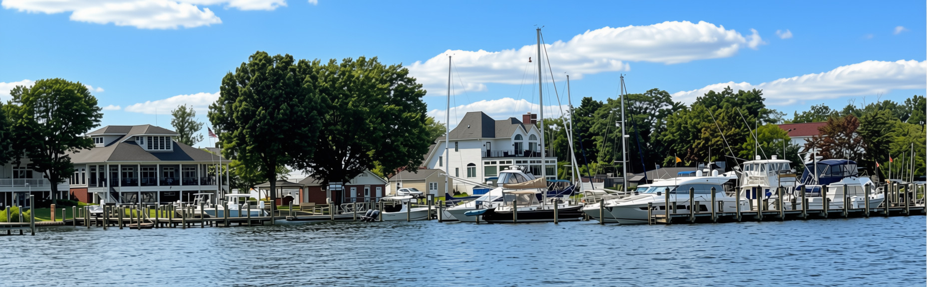 clubhouse and pier from water bright sky horizontal