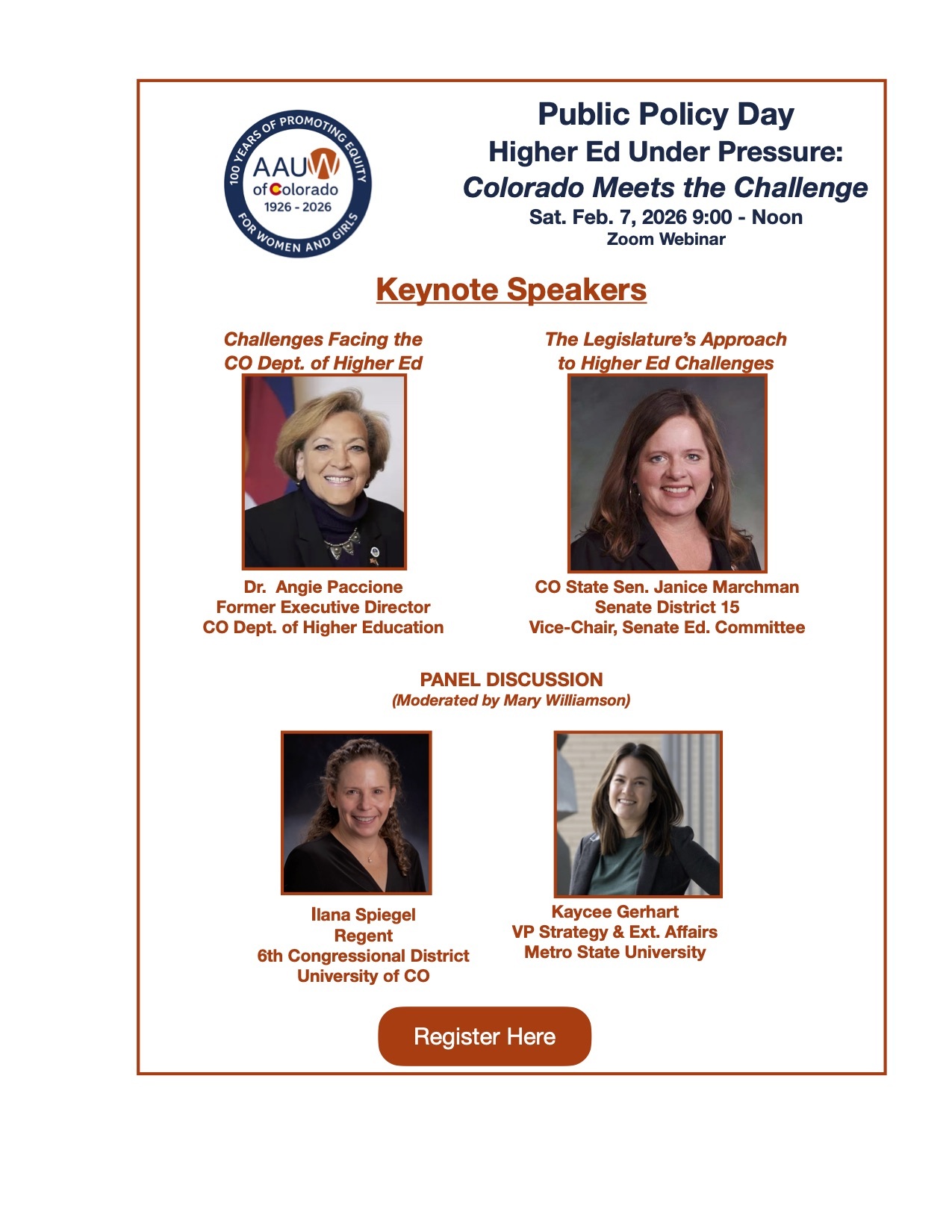 American Association of University Women Public Policy Day - Higher Education Under Pressure - Colorado Meets the Challenge - February 7, 2026 event