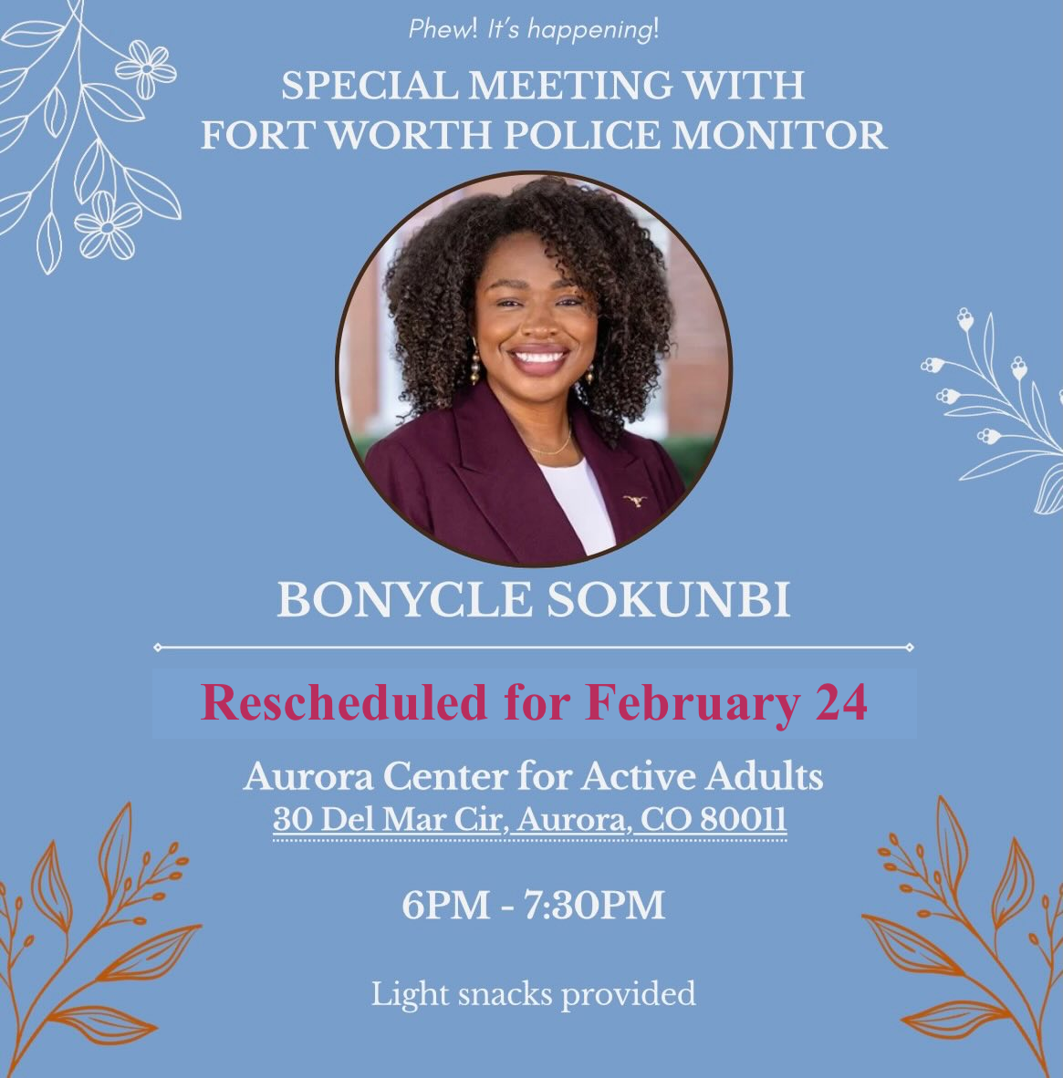 RESCHEDULED - Featured Community Event: Aurora Police Reform Oversight With Guest Speaker Fort Worth, TX Monitor February 24, 2026 event