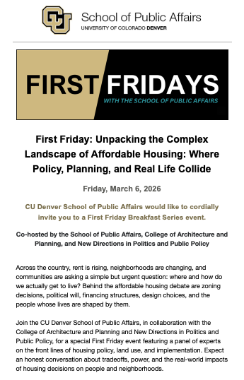 Featured Community Event: University of Colorado Denver First Friday - The Complex Landscape of Affordable Housing March 6, 2026 event