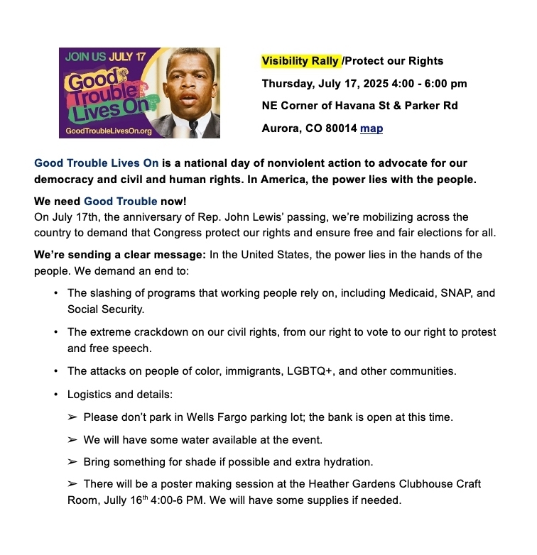 Featured Community Event: John Lewis Good Trouble Day of Action July 17, 2025 Aurora event