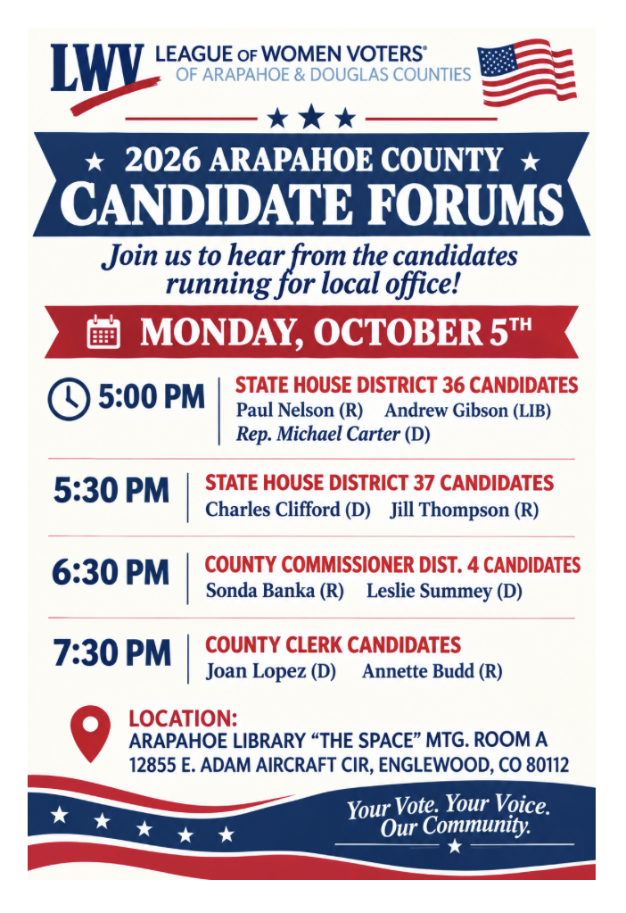 LWVADC Candidate Forum HD 36 and HD 37 and Arapahoe County Clerk October 5, 2026 event