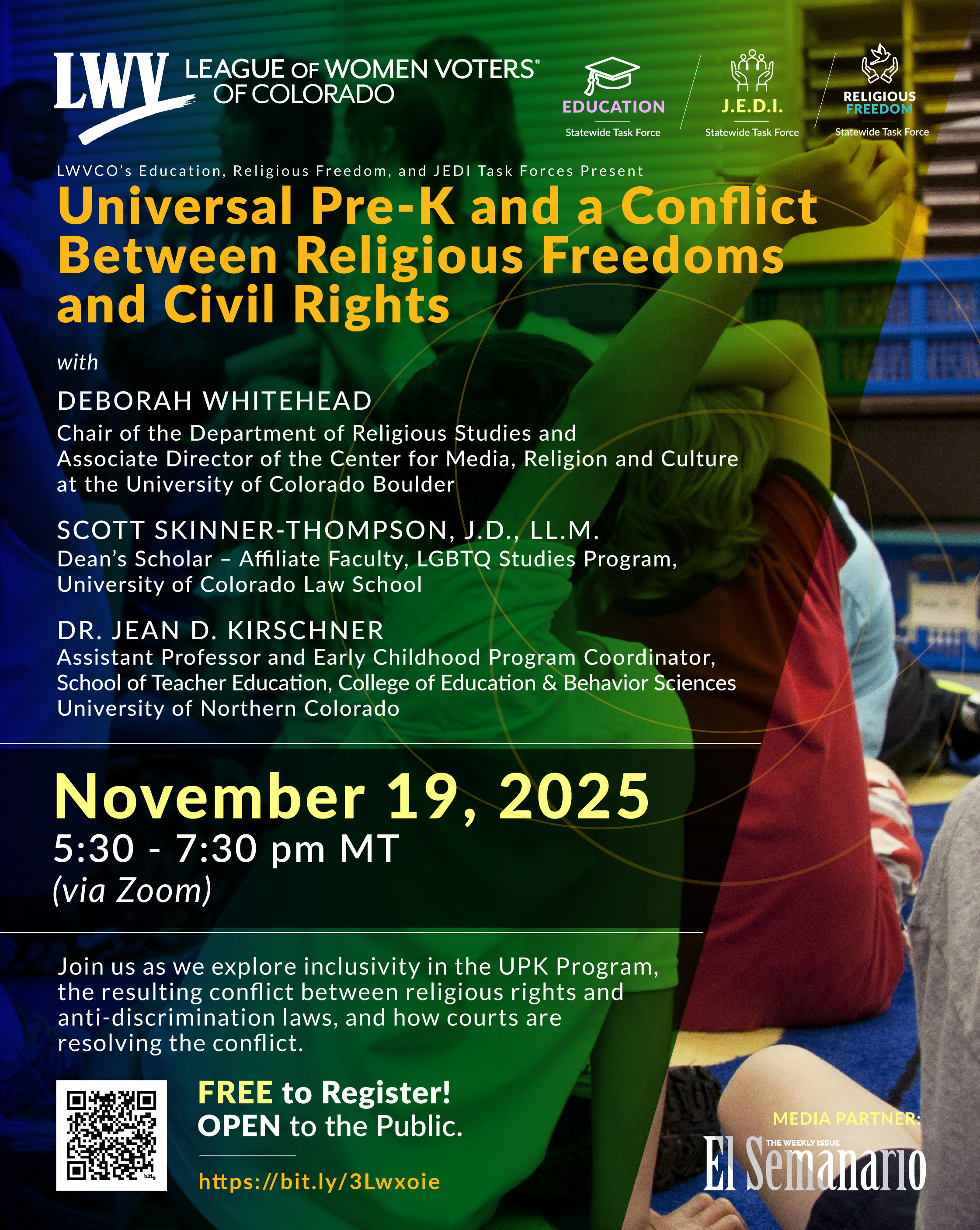 LWVCO Education, J.E.D.I., and Religious Freedom Task Forces joint meeting on Universal Pre-K issues