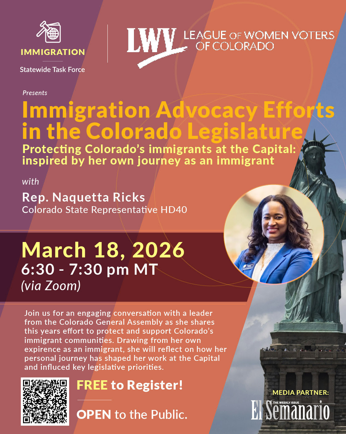 LWVCO Immigration Task Force meeting March 18, 2026 event