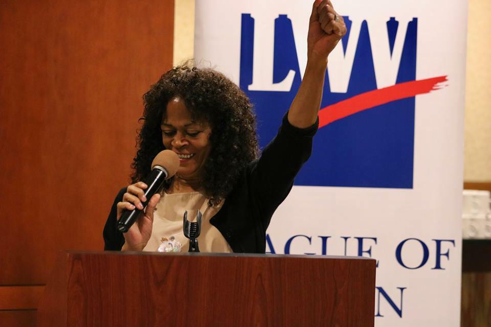 League of Women Voters volunteer speaking