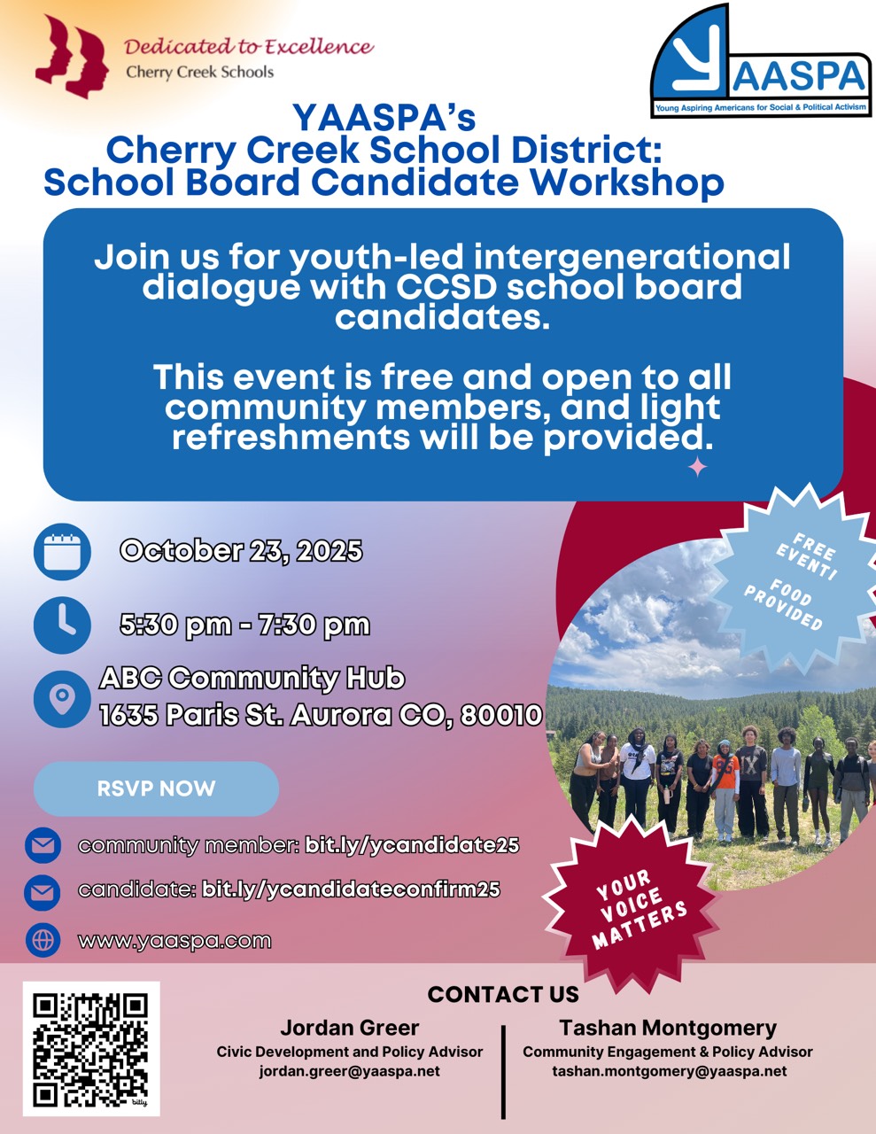NAACP and Young Aspiring Americans for Social and Political Activism (YAASPA) Cherry Creek Public Schools Candidate Workshop October 23, 2025 event
