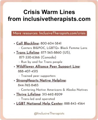 Inclusive Therapists crisis warm lines phone numbers
