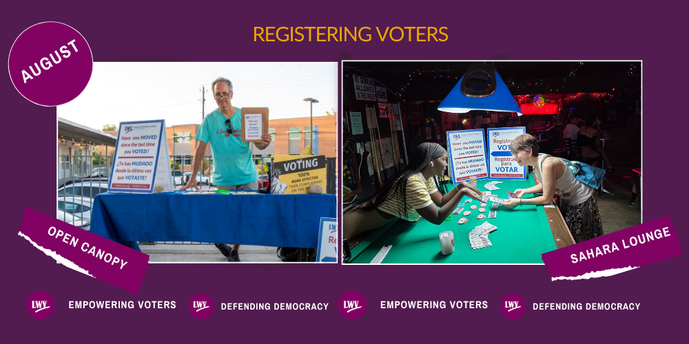 A man at a voter registration table and two women at a voter registration table.