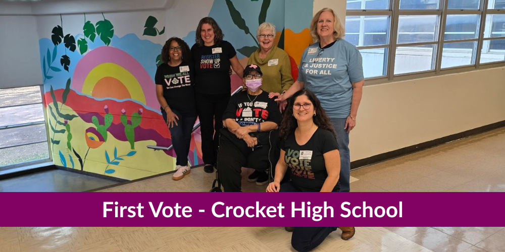 Group of women smileing with First Vote at Crocket High School