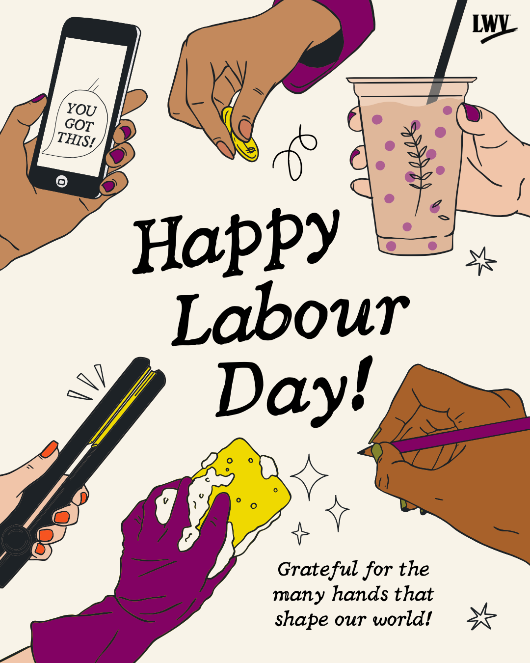 Happy Labor Day graphic with lots of hands working