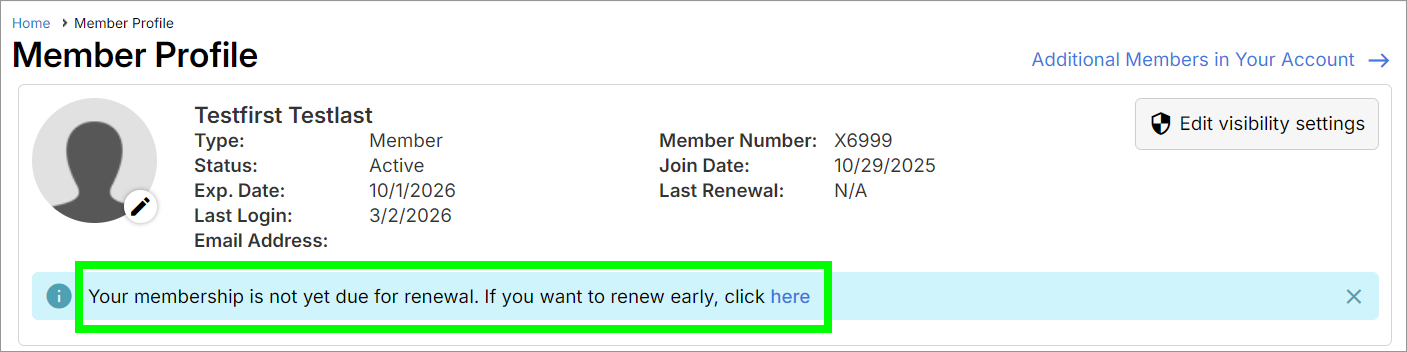 Early Renewal Message Screenshot