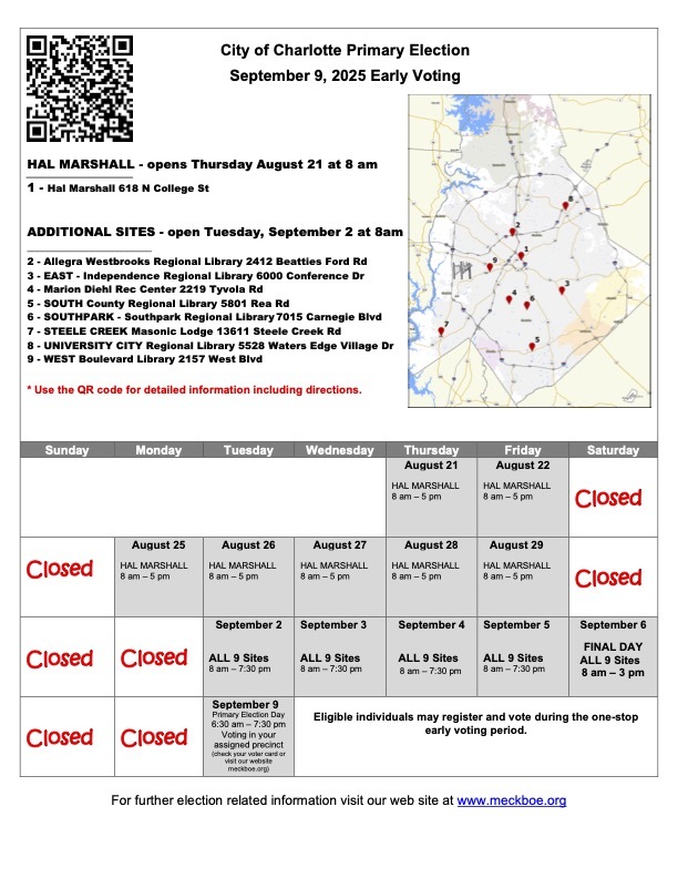 City of Charlotte September 9, 2025 primary election voting sites & hours