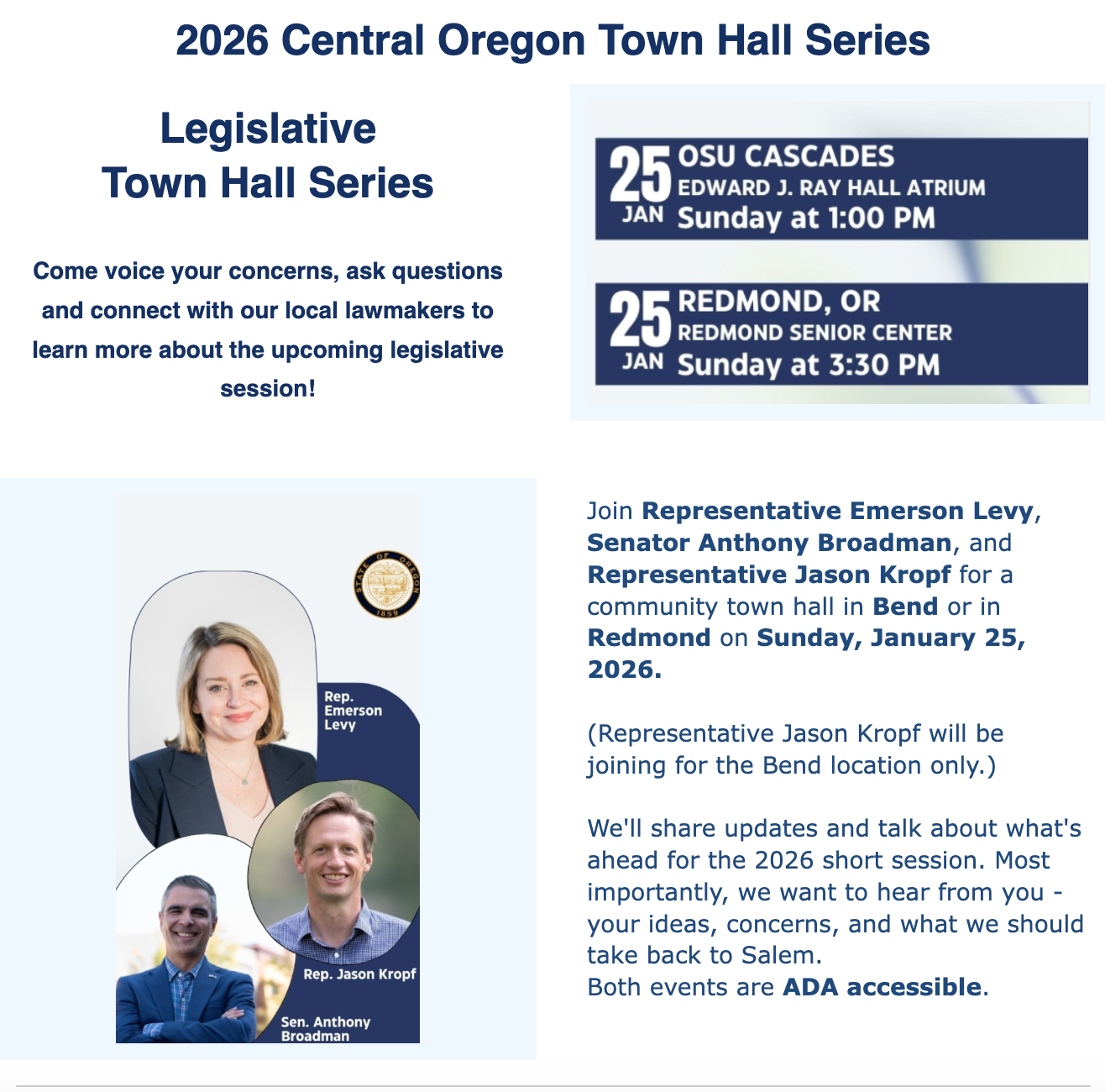 2026 Central OR Town Hall Series Details