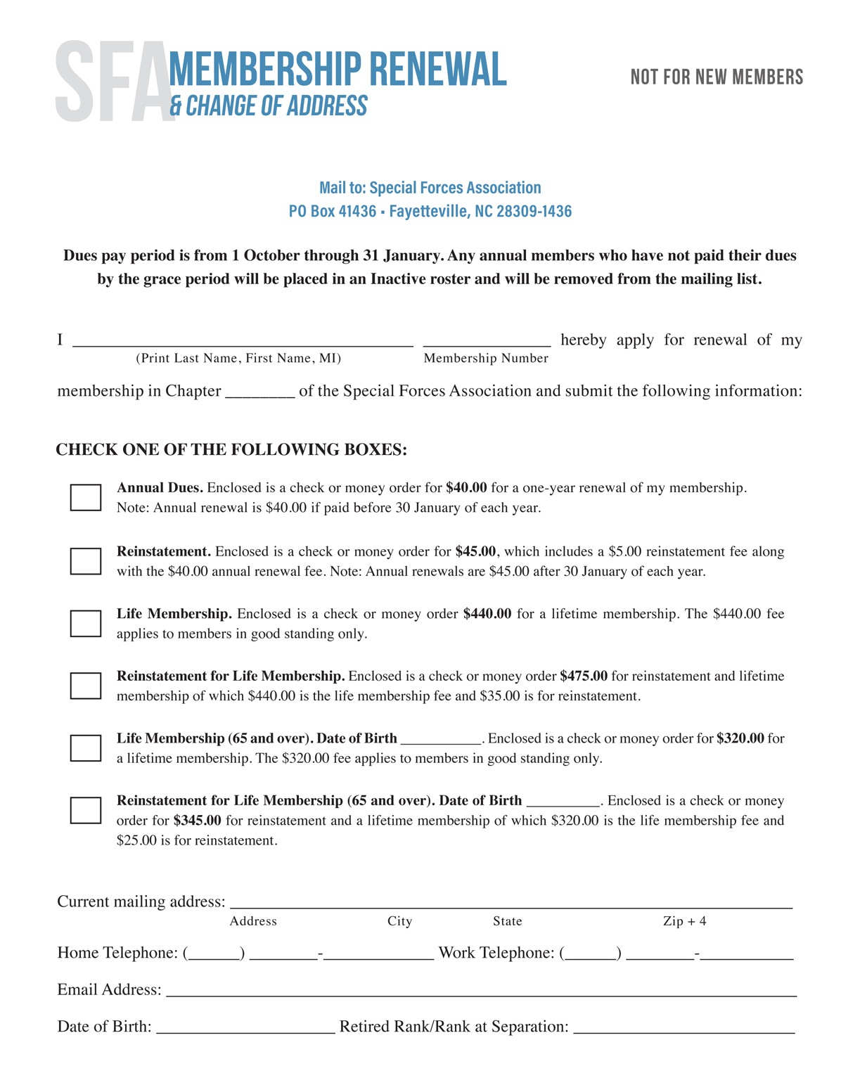 SFA Membership Renewal & Change of Address Form