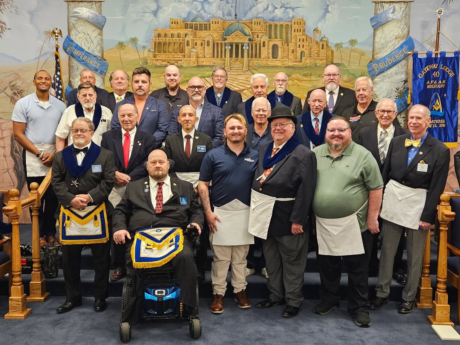 Members of Gateway Lodge No. 40, AF & AM in the lodge room at Rose Hill Masonic Center, Creve Coeur MO
