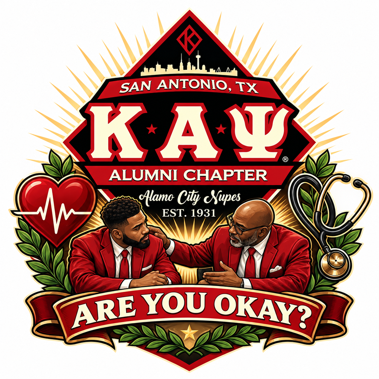 SAAC Are You Okay program logo with chapter crest, wellness symbols, and two Brothers in conversation