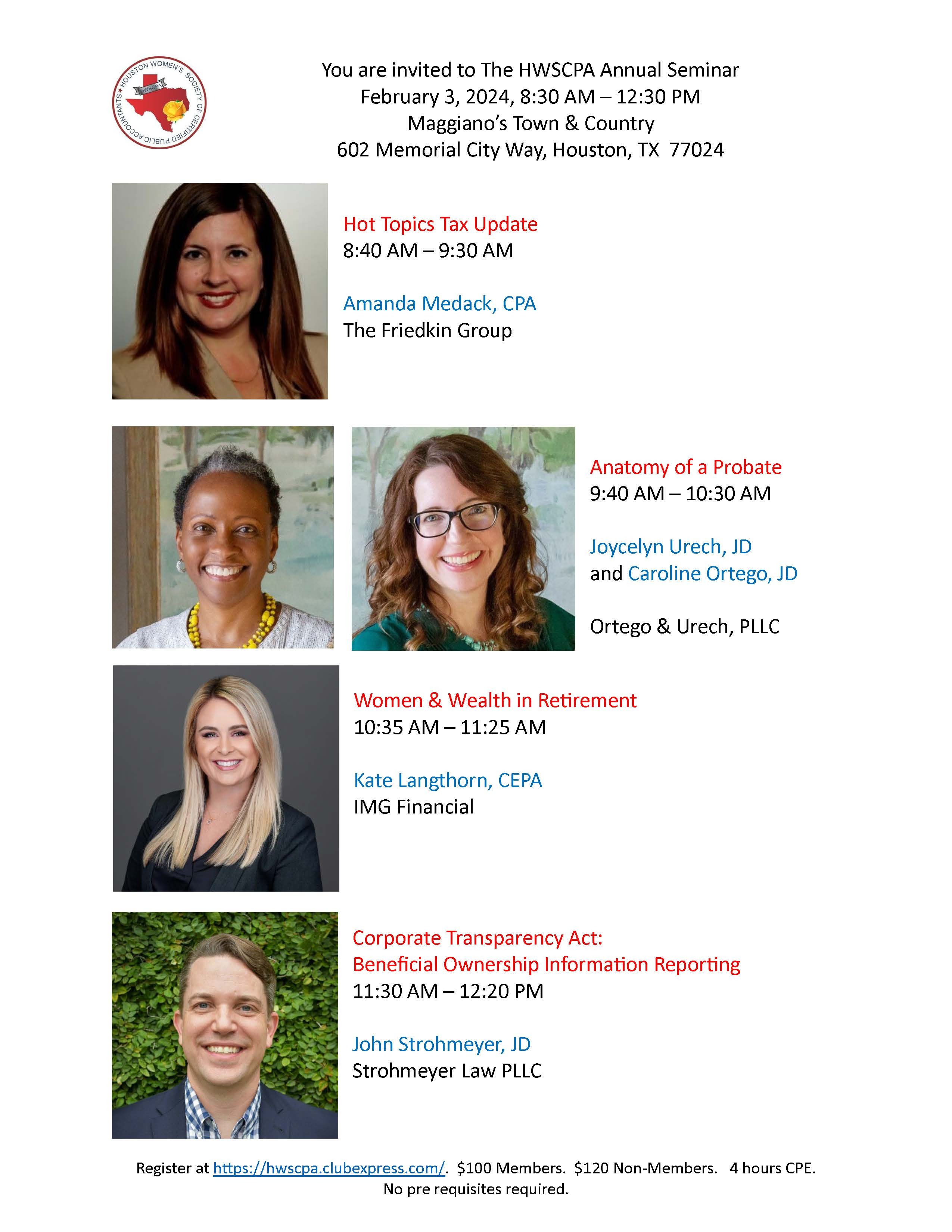 HWSCPA Annual Seminar 4 hours CPE Events Houston Women's Society