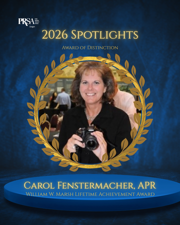 Portrait of Carol Fenstermacher inside a frame for PRSA Oregon Award of Distinction 2026.