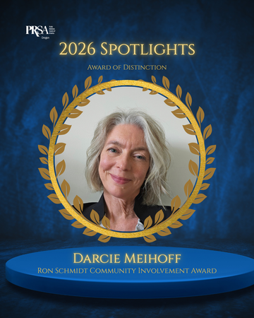 Portrait of Darcie Meihoff inside a frame for PRSA Oregon Award of Distinction 2026.