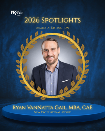 Portrait of Ryan VanNatta Gail inside a frame for PRSA Oregon Award of Distinction 2026.
