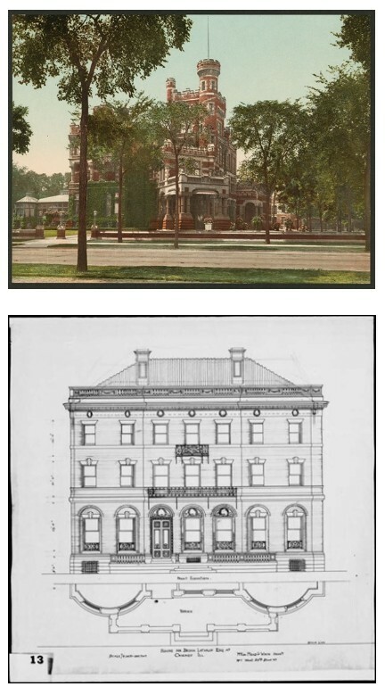 Pictures of Potter Palmer Mansion and Architectural redering of the Lathrop Mansion.