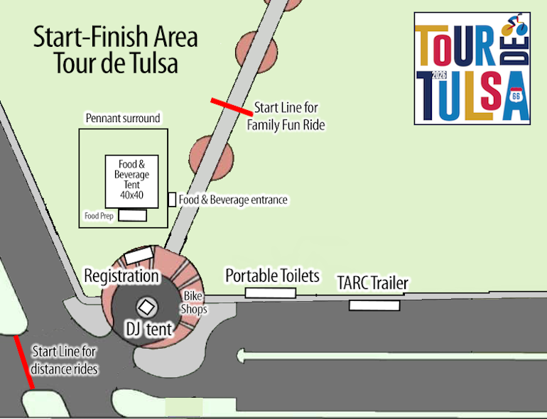 Start-finish area layout, 2026 Tour de Tulsa.