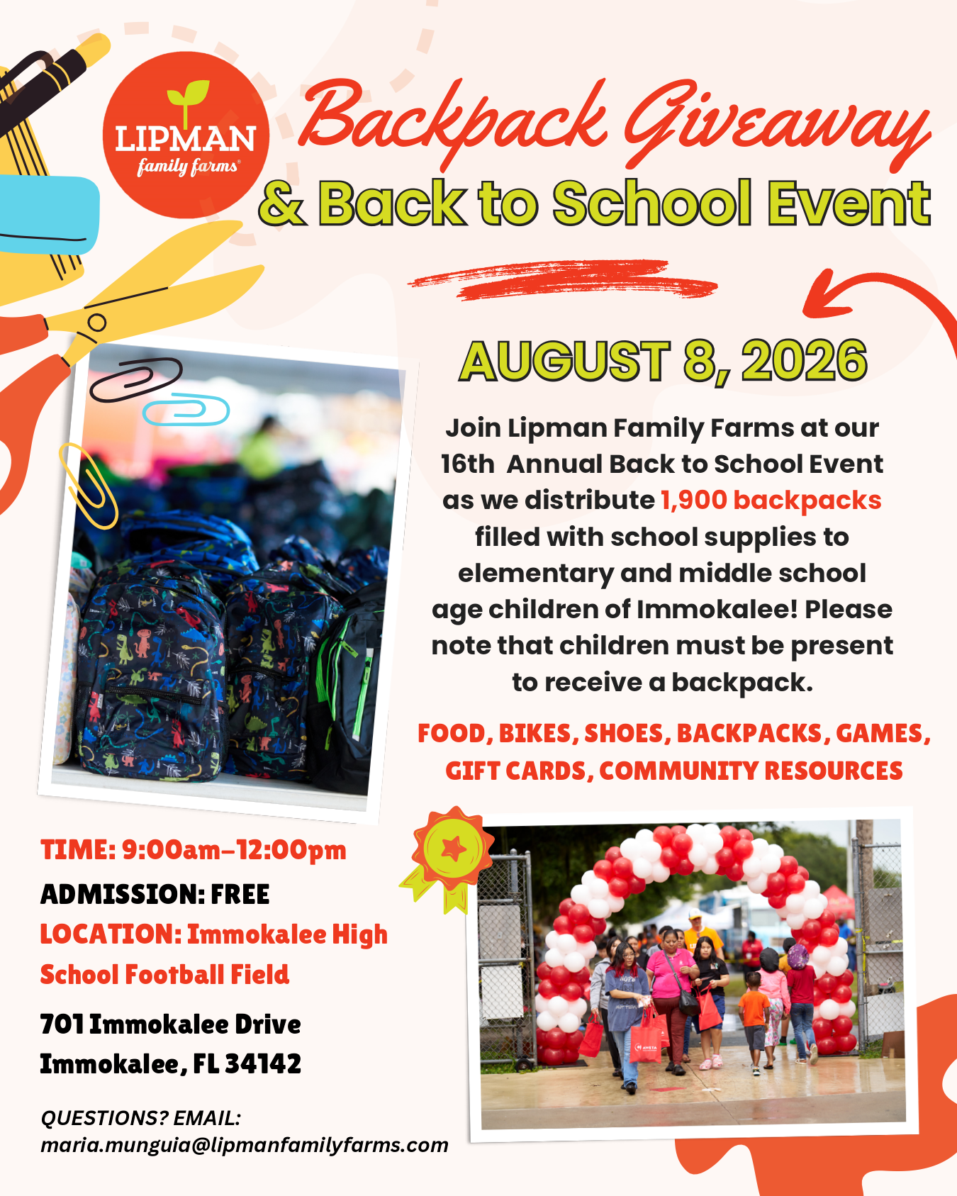 2026 Lipman Backpack Giveaway flyer