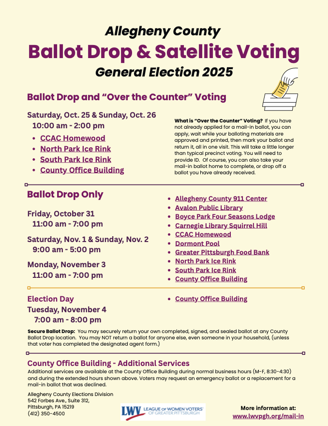 Satellite & Ballot Drop schedule flyer - repeats text above.
