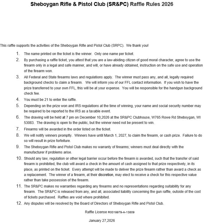  Sheboygan Rifle & Pistol Club Raffle Rules 2025