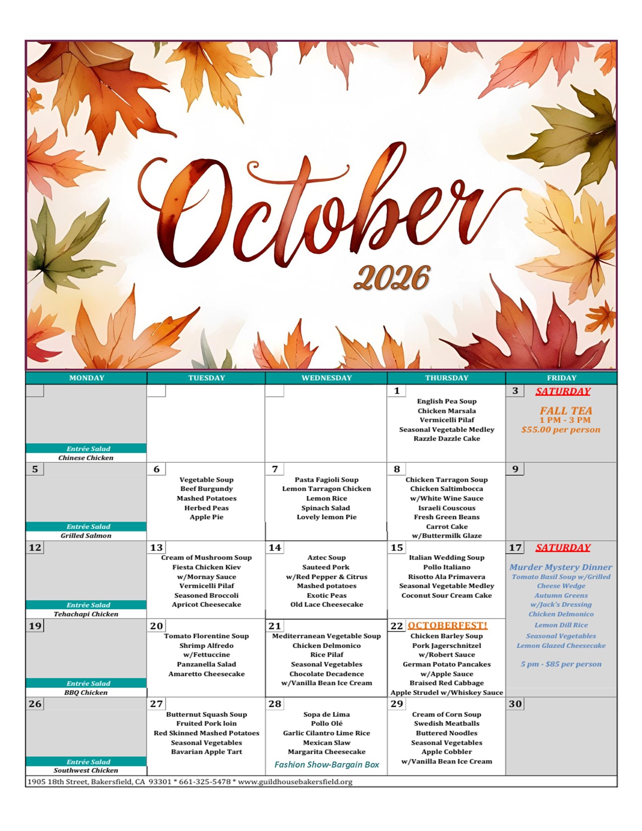 October 2026 Menu