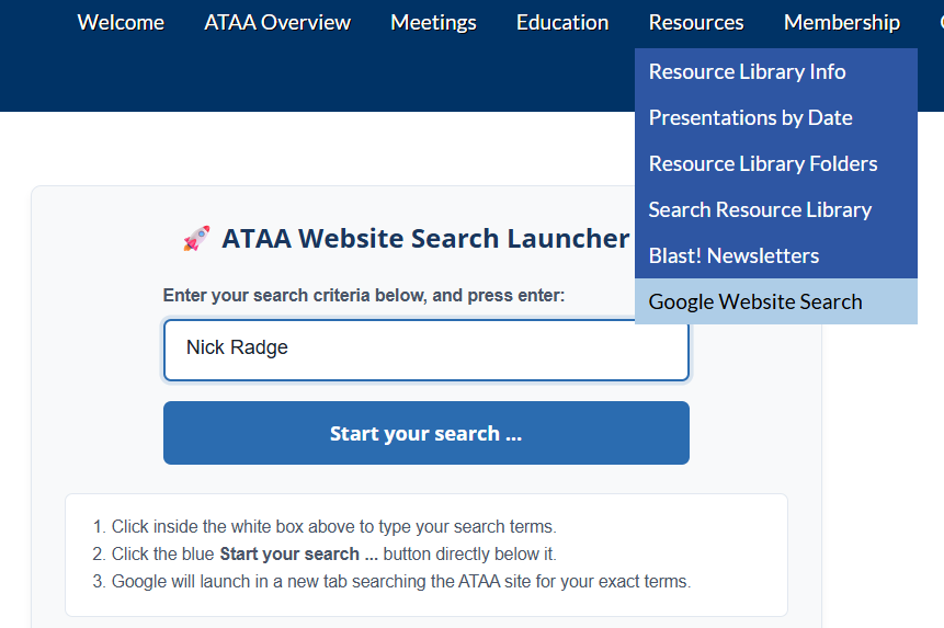 ATAA website search using Google-AI