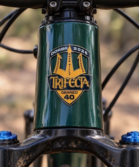 Trifecta 40 geared headtube badge mounted on a bike frame
