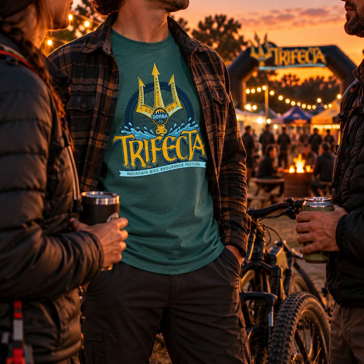 Rider wearing the DORBA Trifecta 2026 T-shirt at the finish-line festival