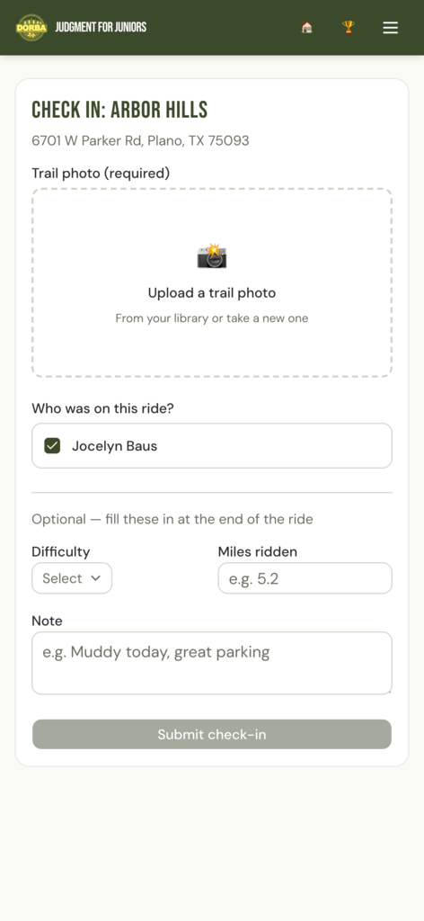 Check-in flow with trailhead photo upload