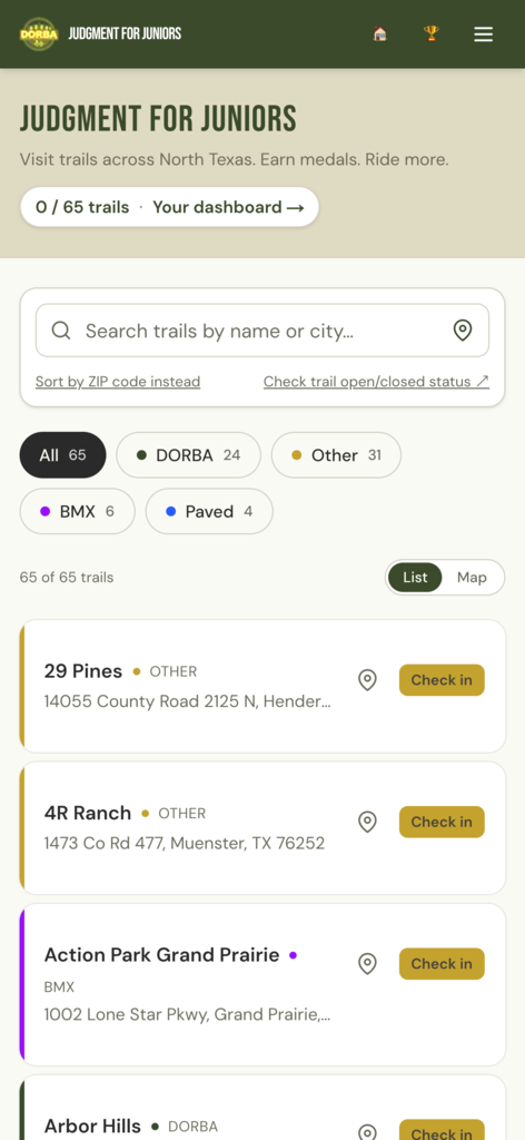 JFJ trail finder homepage with list and map view
