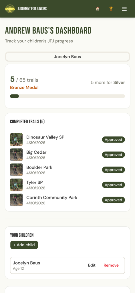 Per-child dashboard with medal progress bar