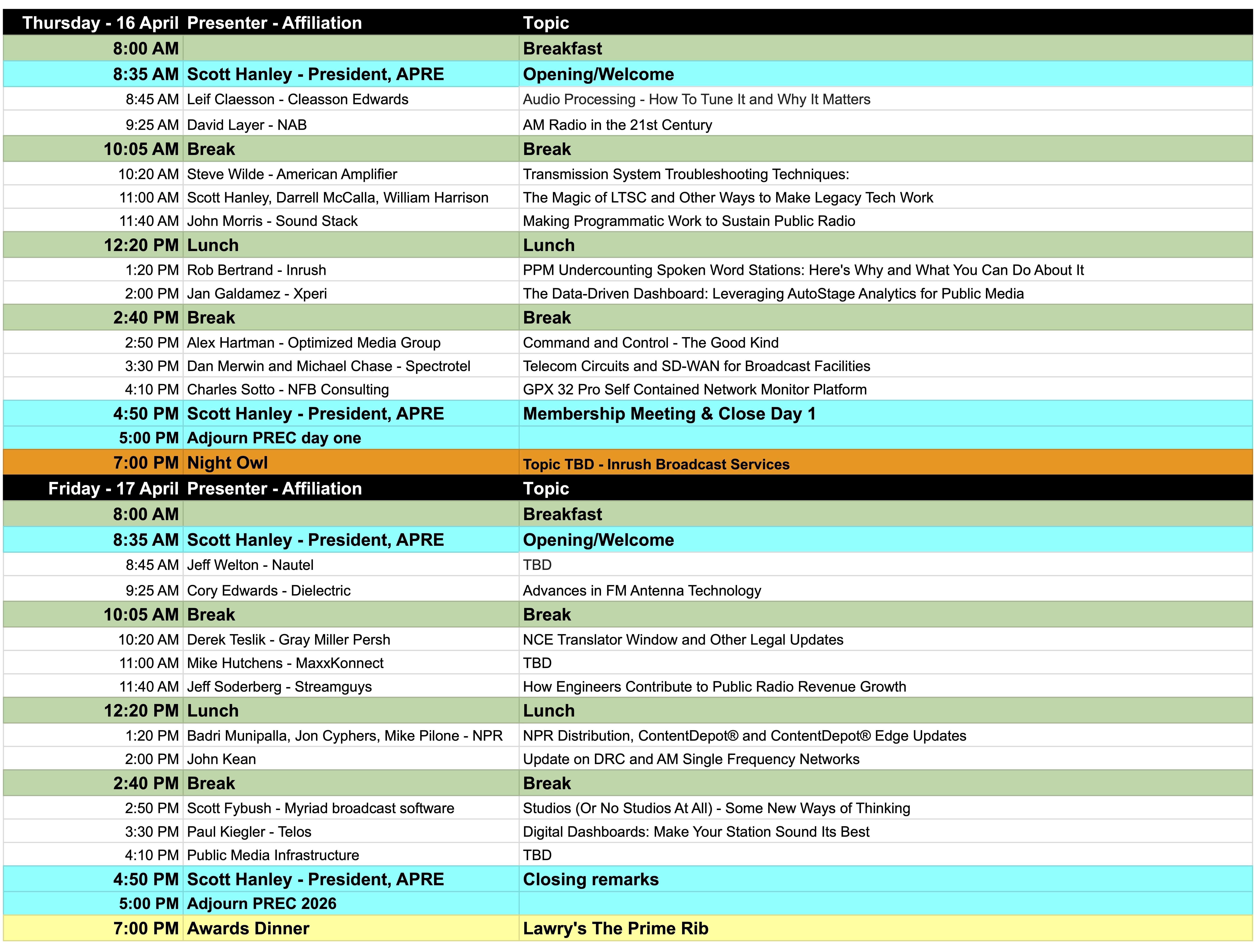 PREC 2026 Conference Schedule (preliminary)